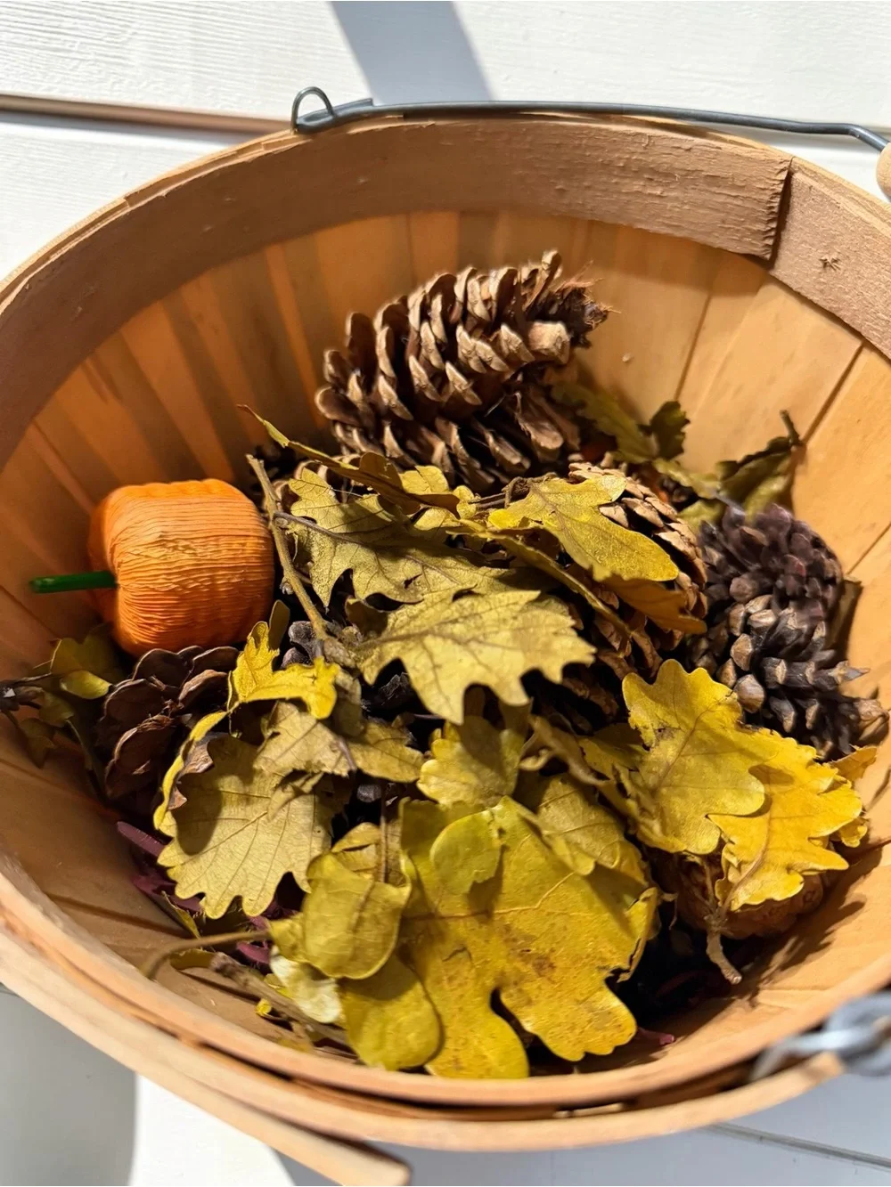 Wooden 9” Bushel Basket Fall Décor Pinecones Leaves